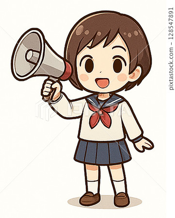 Illustration of a woman cheering with a megaphone! A Japanese student! A cheerful, smiling girl in a uniform, around the age of a teenager from junior high school to high school 128547891