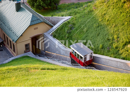 Nizhny Novgorod Kremlin Funicular Descending at Golden Hour 128547920