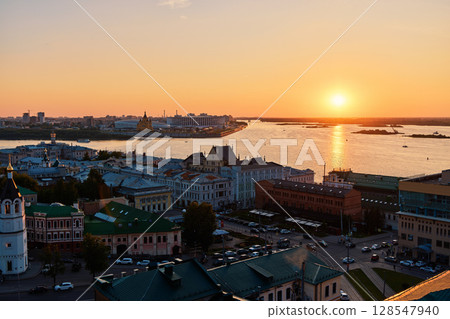 Sunset Panorama of Nizhny Novgorod with Churches and Riverscape Sunset Panorama of Nizhny Novgorod with Churches and Riverscape 128547940