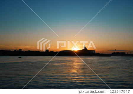 Sunset Silhouette of Alexander Nevsky Cathedral in Nizhny Novgorod 128547947