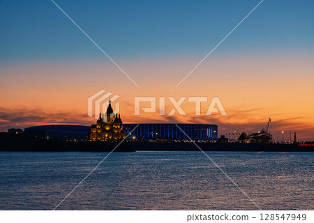 Twilight Lights at Alexander Nevsky Cathedral and Stadium, Nizhny Novgorod 128547949
