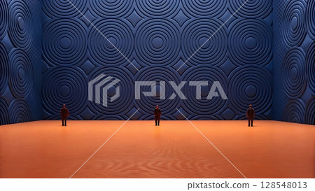 Three figures stand in a room with blue patterned walls and an orange floor creating a surreal scene 128548013
