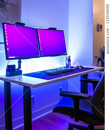 A computer desk with two monitors and a keyboard 128548099