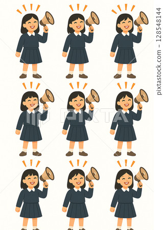 一位女士拿著擴音器歡呼的插圖！日本學生！一位穿著校服、笑容燦爛的女孩，年齡大概是國中到高中的十幾歲左右。 128548144