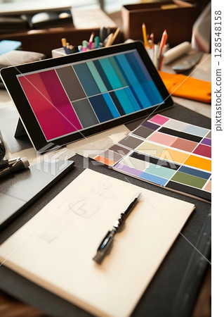 A tablet with a colorful screen and a pen on a white sheet of paper A tablet with a colorful screen and a pen on a white sheet of paper 128548158