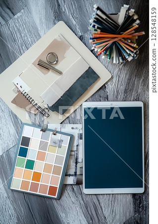 A tablet sits on a table with a notebook and a stack of colored pencils A tablet sits on a table with a notebook and a stack of colored pencils 128548159