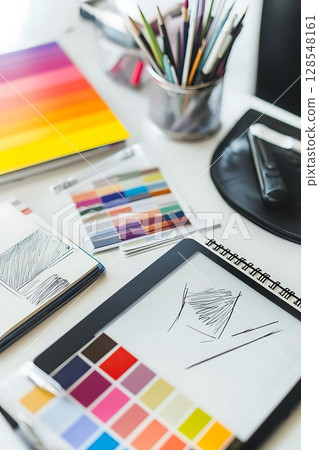 A table with a tablet, a notebook, and a pen A table with a tablet, a notebook, and a pen 128548161