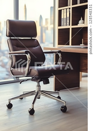 A leather office chair with a headrest sits in front of a desk 128548331