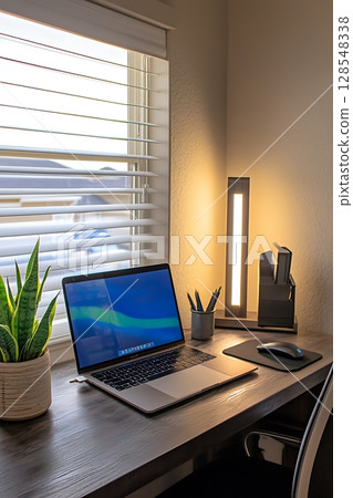 A laptop is open on a desk with a mouse and a keyboard A laptop is open on a desk with a mouse and a keyboard 128548338