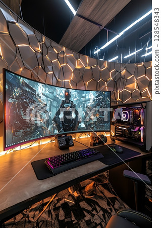 A computer gaming setup with a large monitor and a keyboard 128548343