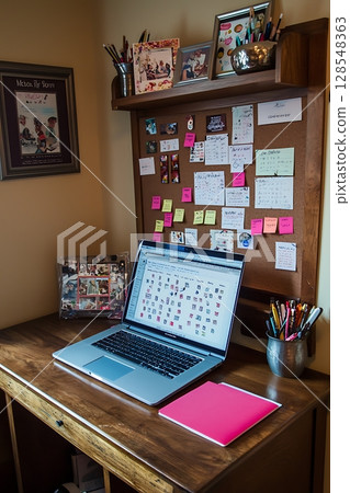 A desk with a laptop and a pink notebook 128548363