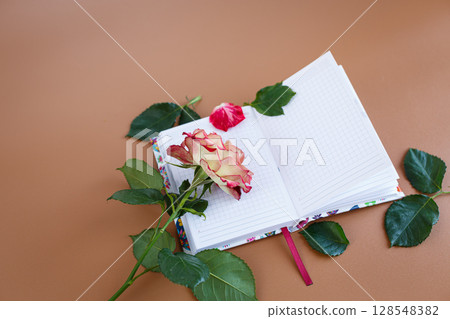Romantic rose resting on open notebook pages 128548382