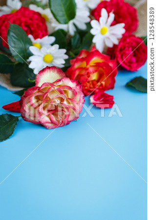 Three blooming roses on vibrant blue background 128548389