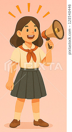 Illustration of a woman cheering with a megaphone! A Japanese student! A cheerful, smiling girl in a uniform, around the age of a teenager from junior high school to high school 128548446