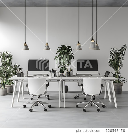 A modern office with four desks and four chairs, each with a computer monitor 128548458