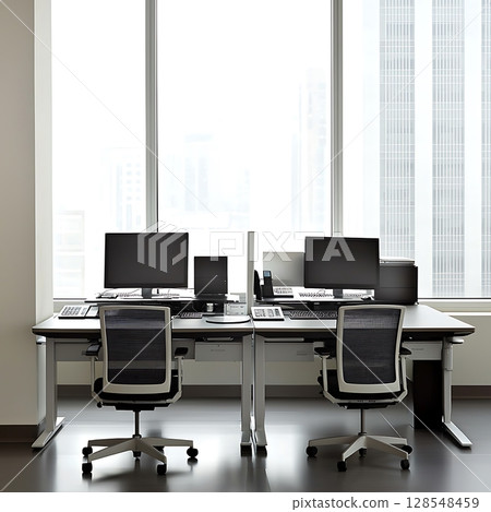 Two computer workstations with two chairs each 128548459