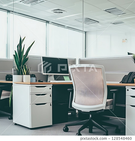 A white office with a plant on the desk and a chair in front of a monitor 128548460