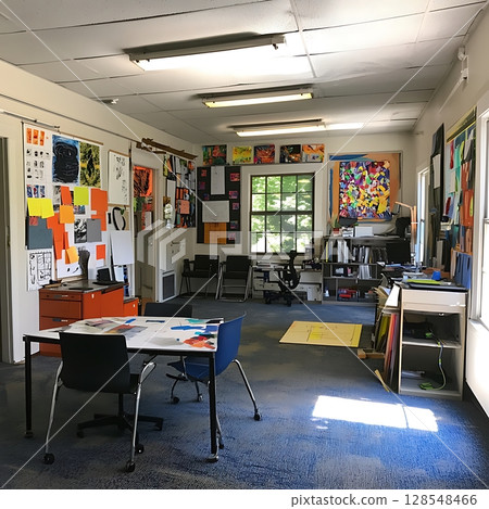 A room with a lot of art on the walls and a table with a chair 128548466