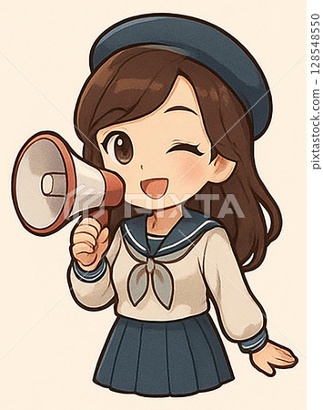 Illustration of a woman cheering with a megaphone! A Japanese student! A cheerful, smiling girl in a uniform, around the age of a teenager from junior high school to high school Illustration of a woman cheering with a megaphone! A Japanese student! A cheerful, smiling girl in a uniform, around the age of a teenager from junior high school to high school 128548550