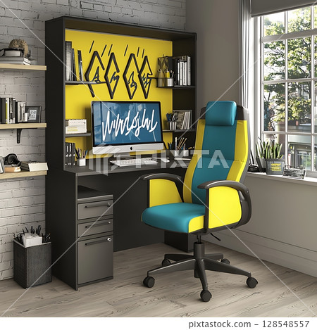 A yellow and blue office chair with a computer monitor on top of a desk 128548557
