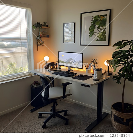 A computer desk with a chair and a monitor 128548564