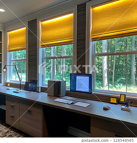 A computer desk with a laptop and two monitors 128548565
