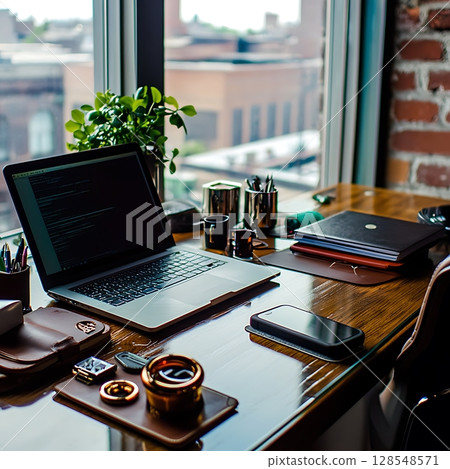 A laptop is open on a desk with a view of a city in the background 128548571