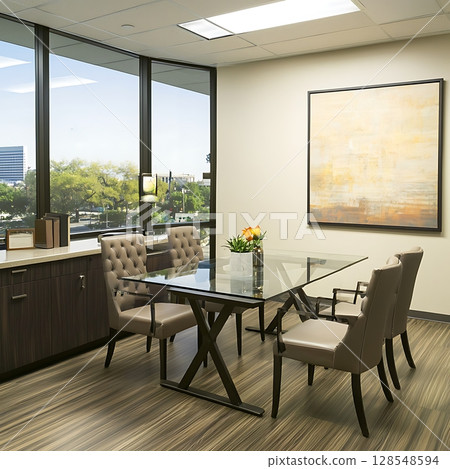 A glass table with four chairs around it in a room with a painting on the wall A glass table with four chairs around it in a room with a painting on the wall 128548594