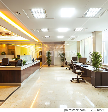 A large open office space with a lot of natural light and plants 128548598