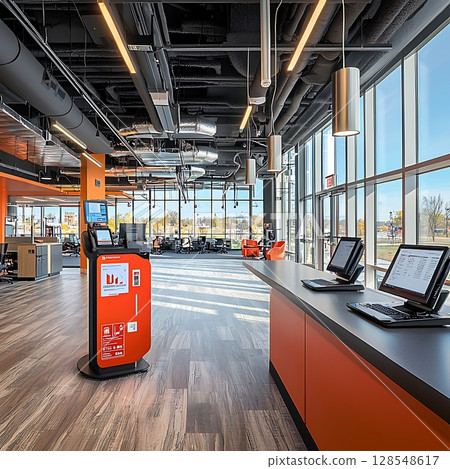 A large room with a counter and several computers A large room with a counter and several computers 128548617