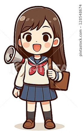 Illustration of a woman cheering with a megaphone! A Japanese student! A cheerful, smiling girl in a uniform, around the age of a teenager from junior high school to high school 128548674