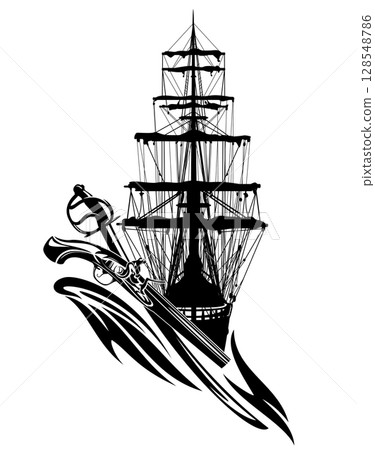 adventure on the sea emblem with sail ship, antique pistol and sabre sword adventure on the sea emblem with sail ship, antique pistol and sabre sword 128548786