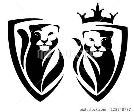 snow leopard and african lioness head in simple heraldic shield black and white vector design snow leopard and african lioness head in simple heraldic shield black and white vector design 128548787