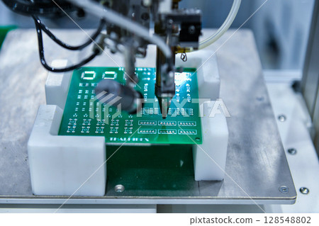 Technological process of soldering and assembly chip components on pcb board inside at industrial Technological process of soldering and assembly chip components on pcb board inside at industrial 128548802