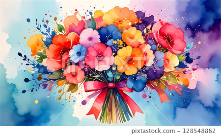 A beautiful bouquet painted with vivid watercolors is tied with a ribbon and blooms in full glory. A dream filled with kindness and emotion. A beautiful bouquet painted with vivid watercolors is tied with a ribbon and blooms in full glory. A dream filled with kindness and emotion. 128548862