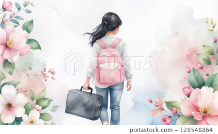 The back view of a girl walking towards the future with a pink backpack and a small black musical instrument case in hand, surrounded by spring flowers. 128548864