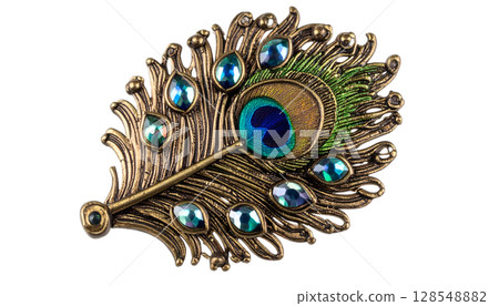 Decorative Brooch Featuring Peacock Feather Design 128548882