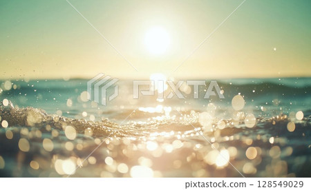 Blurred Horizon Summer Tropical Beach Image With Sparkling Ocean Water And Light Sand Against 128549029