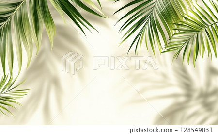 Blurred Shadow Of Palm Leaves Cast On Light Cream Wall Blurred Shadow Of Palm Leaves Cast On Light Cream Wall 128549031