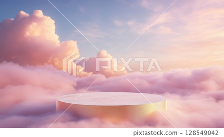 White And Gold Platform In Pastel Pink Clouds 128549042
