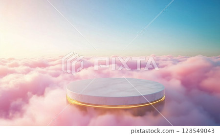 White And Golden Podium In A Pink Clouds Background 128549043