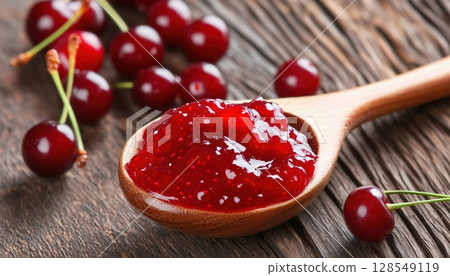 White Plate With Red Berry And Cherry Jam Spooned On Top For A Sweet And Tasty Breakfast Treat 128549119