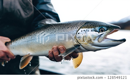 Fisherman Proudly Displaying Large Atlantic Salmon Fish Against A White Background Fisherman Proudly Displaying Large Atlantic Salmon Fish Against A White Background 128549121