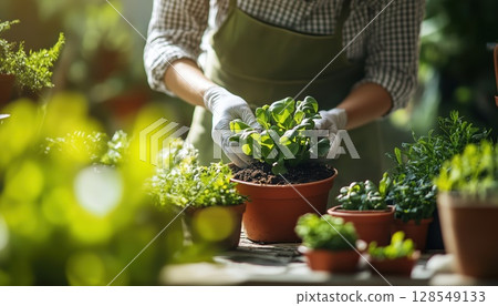 Woman Gardener Demonstrates Proper Plant Care Techniques Woman Gardener Demonstrates Proper Plant Care Techniques 128549133