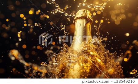Golden Bottle Overflowing With Champagne Sparkles 128549210