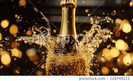 Golden Bottle Overflowing With Champagne Splash 128549211