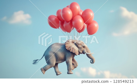 Elephant Flying Red Balloons Tied 128549213