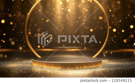 Luxurious Stage Setup With Circle Frame ./Luxurious Stage Design With Circle Frame, Golden Curves, Glittering Lights, And Bokeh For Product Presentation Luxurious Stage Setup With Circle Frame ./Luxurious Stage Design With Circle Frame, Golden Curves, Glittering Lights, And Bokeh For Product Presentation 128549215