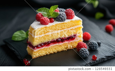 Delicious Sponge Cake With Fresh Berries And Mint On A Stylish Black Wooden Table 128549331