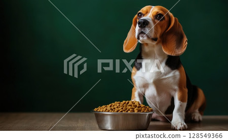 Cute Beagle Pup With Food Bowl Beside Green Wall In A Cozy Home Setting 128549366